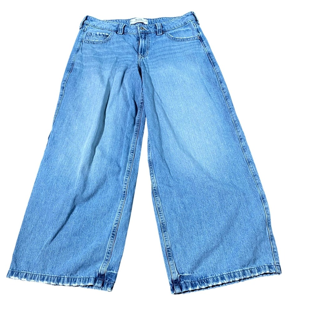 Hollister Super Baggy Jeans Women 30 Light Blue Low Rise Wide Leg Heart Detail